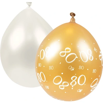 Afbeelding van Ballonnen 80 jaar Wit/Goud per 8 stuks