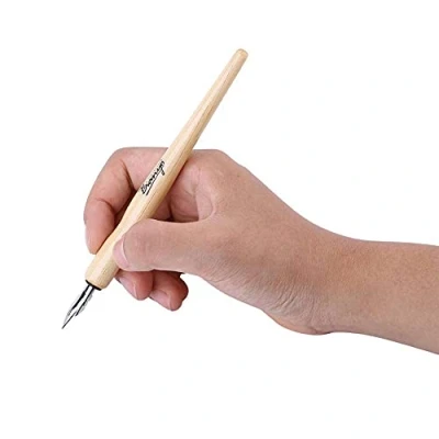 Afbeelding van Pennenhouder, set van 3 veren + 1 houten standaard inkt, kalligrafie, tekenen, schoolbenodigdheden