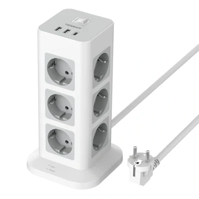 Afbeelding van TESSAN Stekkerdoos, overspanningsbeveiliging, 3600 W, 16 A, 12 stopcontacten met USB C en 2 stekkerdoos m verlenging, stekkertoren voor thuis, grijs