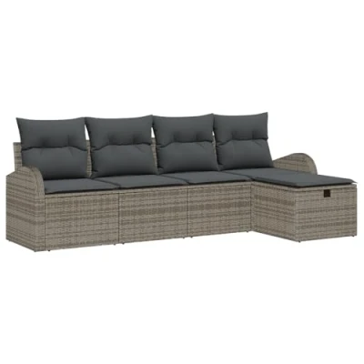 Afbeelding van vidaXL 5 delige tuinbankset met kussens Grijs Poly Rattan, 2 persoons tuinbank opslag en Rattan