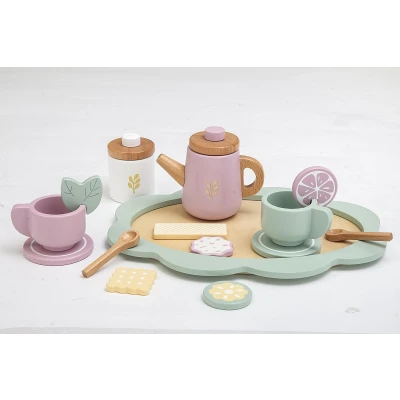Afbeelding van Playwood Houten theeservies pastel kleuren Speel serviesje 17 delig