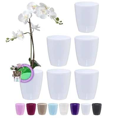 Afbeelding van Santino set van 6 zelfbevochtigende potten met wick systeem en waterniveau indicator voor binnen, orchideeënpot D 12 cm (wit, 1,3 l)