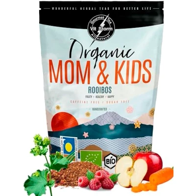 Afbeelding van Biologische fruitige infusie Mom &amp; Kids Detox spijsverteringsthee, zonder theïne, slaaphulp, rooibos, alchemille, venkel, wortel, kamille, citroenmelisse, cadeau voor mama, losse thee 100 g