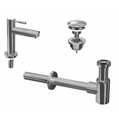 Afbeelding van INK 1A Fonteinkraanset staande Fonteinkraan laag always open plug en design Sifon Chroom Minimalistisch