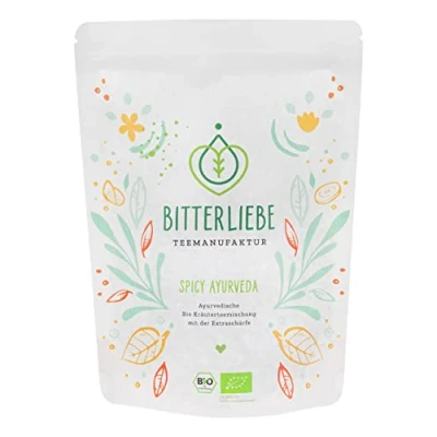 Afbeelding van BitterLiebe® Teemanufaktur Spicy Ayurveda biologische kruideninfusie los met de kracht van bittere stoffen, kruiden, kruidenthee, citroengras enz. (180 g)