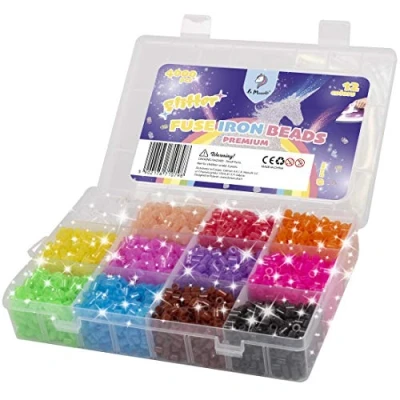Afbeelding van Glitter Diverse Strijkkralen Kit, 4000 Stuks, 5 mm, 12 Kleuren, Navulset, Set, Compatibel met Hama Kralen, in Organizer Box