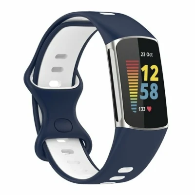 Afbeelding van FitBit Charge 5 &amp; 6 Sportbandje met dubbele lus Donkerblauw / wit Tweekleurig Maat: L