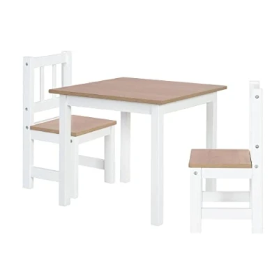 Afbeelding van roba Woody tafel en 2 stoelen voor kinderen, dienblad zitting in houtlook, krasbestendig, meisjes jongens vanaf jaar, wit