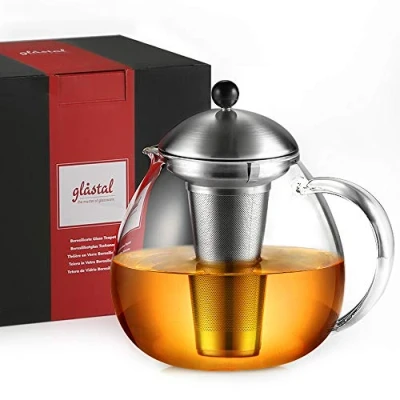 Afbeelding van Glastal Theepot van glas, 1500 ml, met theezeef roestvrij staal 18/10, groot borosilicaatglas, theepot, glazen kan afneembare zeef, ml (zilver)