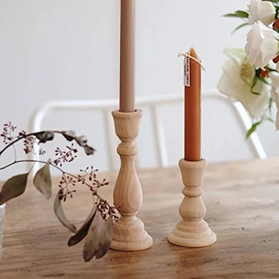 Afbeelding van DUHALINE Set van 2 houten kandelaars, rustieke handgemaakte accordeon tafeldecoratie, console, luxe kandelaar voor open haard
