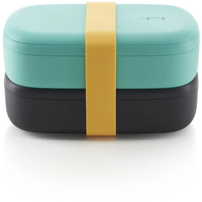 Afbeelding van Lékué dubbele lunchbox uit kunststof met silicone band zwart en muntgroen 1L