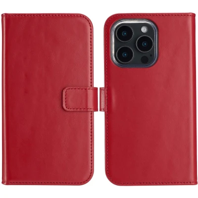 Afbeelding van Selencia Hoesje Geschikt voor iPhone 16 Pro Max Met Pasjeshouder Echt Lederen Bookcase Rood