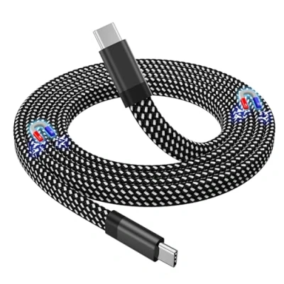 Afbeelding van Magtame USB C kabel, magnetisch, naar C, 60 W (3 A), gedraaide 1 m, gevlochten nylon, platte type snellaadkabel, compatibel met apparaat voor Pad Samsung
