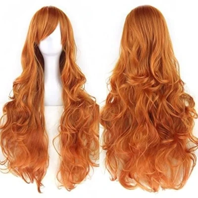 Afbeelding van IMISSU 80 cm lange cosplay pruik, natuurlijk haar, krullend, met kleurrijke pony, Halloween, kostuum, party, pruiken voor vrouwen (oranje)