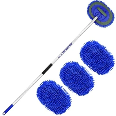 Afbeelding van Autowasborstel, 160 cm, met telescoopsteel, microvezel wasborstel, 2 in 1, krasbestendig, reinigingsset (3 reserveborstelkoppen)