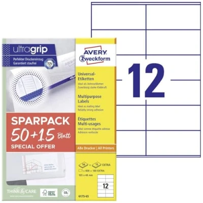 Afbeelding van Avery Zweckform 6175 65 Universele etiketten 105 x 48 mm Papier Wit vellen Permanent hechtend Inkjet, Laser (zwart/wit), (kleur), Kopiëren