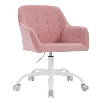 Afbeelding van WOLTU BS165rs Bureaustoel met wieltjes, ergonomisch, in hoogte verstelbaar, voor thuiskantoor, slaapkamer, kantoor, fluweel, roze + wit