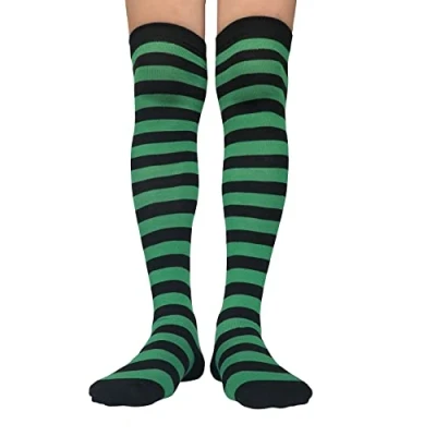 Afbeelding van AUSUAYA GB LW 3 Katoenen gestreepte kousen voor cosplay, gothic, kerstfeest, Zwarte en groene strepen