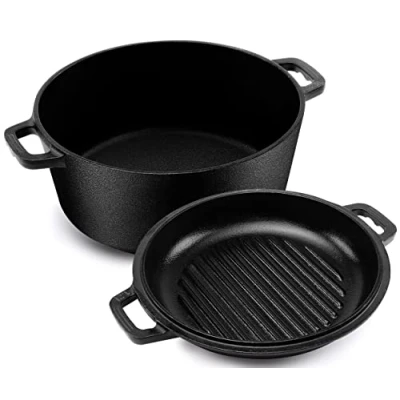 Afbeelding van KICHLY 4,7 liter voorbehandelde gietijzeren braadpan stoofpan met deksel grillpan dubbele functie 27 cm