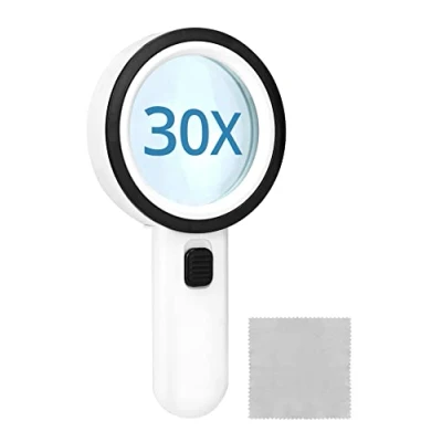 Afbeelding van QWORK® Vergrootglas met 12 LED licht, draagbare leesvergrootglas 30x, verlicht vergrootglas, voor lezen, knutselen, juwelier