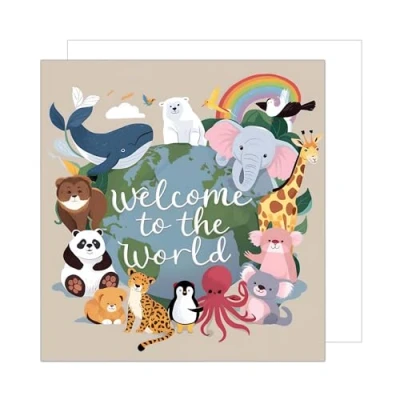 Afbeelding van Edition Seidel Hoogwaardige vierkante wenskaart voor geboorte met envelop Hello ticket baby jongen meisje werelddieren (EQ116 SW024)