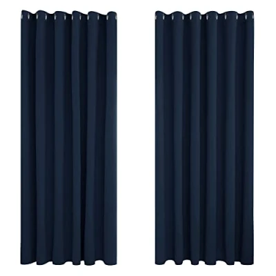 Afbeelding van Deconovo Thermisch Geïsoleerde Verduisterende Gordijnen, voor woonkamer en slaapkamer, modern design met gordijnringen, 229 x cm (breedte hoogte), marineblauw, 2 stuks