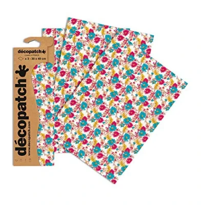 Image de Décopatch C683O Une pochette de 3 feuilles papier imprimé 30x40 cm, Fleurs bleues et roses