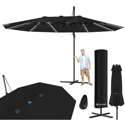 Afbeelding van KESSER® Dubbele parasol met hoes, bescherming tegen de wind, tuinparasol, marktparasol, terrasparasol, zwengel, ovaal, aluminium, uv bestendig, waterdicht, zwart.