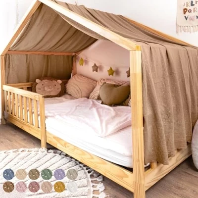Afbeelding van lilimaus bedhemel [nougat] 100% katoen mousseline hemel handgemaakt decoratieve voor meisjes en jongensbed kinderbedhemel kinderbedgordijn