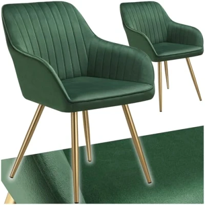 Afbeelding van tectake® 2 x Fluwelen Stoel set van Eetkamerstoelen Met Gewatteerde Stof, Moderne Keukenstoelen, Comfortabele Fauteuil Voor Woonkamer, Eetkamer, Lounge groen / goud