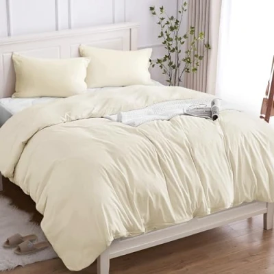 Afbeelding van Dekbedovertrek, 100% katoen, tweepersoons, 240 x 220 cm (2 kussenslopen van 50 80 cm), beddengoed hoogwaardig katoen 150 g/m², OEKO TEX® gecertificeerd, zacht, ademend, hypoallergeen, lichtbeige