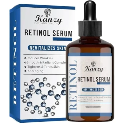 Afbeelding van KANZY retinol Serum 2,5% met hyaluronzuur, anti aging, krachtig gezichtsserum voor dames en heren, jojoba olie aloë vera een stralende stevige huid, 30 ml