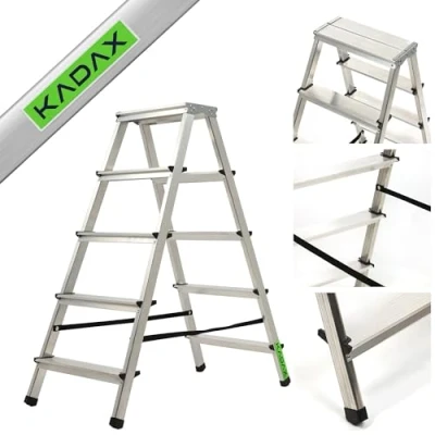 Afbeelding van KADAX Huishoudladder, trapladder in 5 versies, opklapbare traptrap met draagvermogen tot 125 kg, dubbelzijdige multifunctionele ladder, aluminium ladder antislip voeten (5 treden)