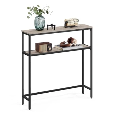 Afbeelding van VASAGLE Console voor hal, dunne woonkamertafel met 2 niveaus, bijzettafel planken, 20 x 80 cm, woonkamer, entree, grijs gemêleerd en inktzwart LNT130K02V1