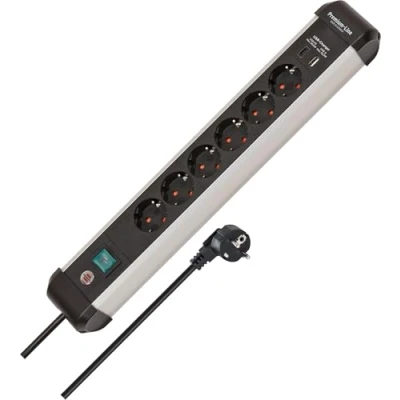 Afbeelding van Brennenstuhl Premium Alu Line stekkerdoos 6 voudig met USB C PD 30W en A 18W gemaakt van hoogwaardig aluminium (Made in Germany, verdeeldoos 3m kabel schakelaar, stekkerblok voor wandmontage)