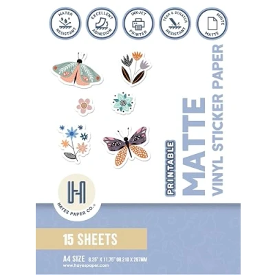 Afbeelding van Hayes Paper Co. Afdrukbaar Vinyl Stickerpapier voor Printer A4 Stickervellen afdrukken Mat Stickerpapier, Waterdicht Inkjet Drukpapier in Wit (15 Vellen)