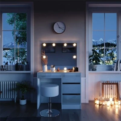 Afbeelding van Vicco Kaptafel Sherry, Wit, 90 cm met LED verlichting en kruk
