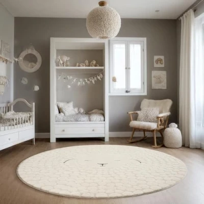 Afbeelding van the carpet Elisa, kinder vloerkleed voor de kinderkamer, speelkleed, onderhoudsvriendelijk, duurzaam, creme, 120 cm rond