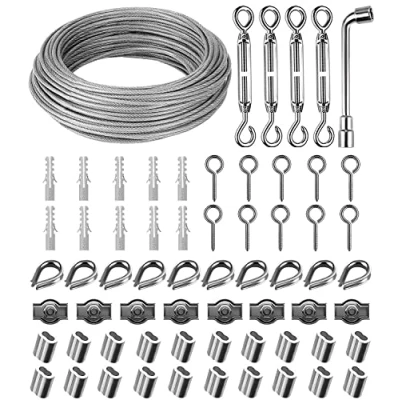 Afbeelding van 30 m Φ 3 mm staalkabelset, staalkabelspandraad 304 roestvrij staal, staalkabel bedekt met oogjes touwspanset, spanschroef, voor gordijntouw, waslijn, lichtslinger