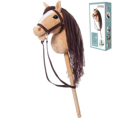 Afbeelding van HOPPIHORSE Slagpaard met flens, A4, vrijetijdshaard teugels, schouderriem, staart, hoogwaardig pluche dier lange manen, siliconen handvat voor betere grip,