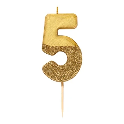 Afbeelding van Verjaardagskaars nummer 5 goud met glitter, hoogwaardige taartdecoratie, mooi, glinsterend voor kinderen, volwassenen, 5e, 50e feest, verjaardag, mijlpaal