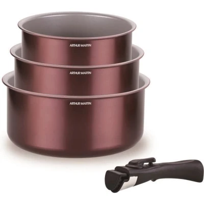 Afbeelding van Set van 3 steelpannen ARTHUR MARTIN AM1088 Alle warmtebronnen inclusief inductie 16/18/20 cm + 1 afneembare handgreep Aluminium