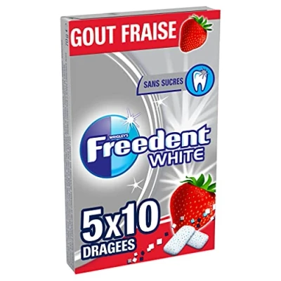 Afbeelding van FREEDENT White Kauwgom aardbeiensmaak zonder suiker 5 verpakkingen van 10 dragees 70 g