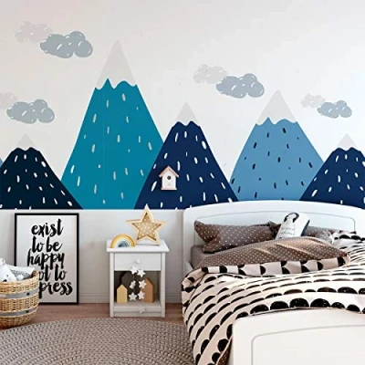 Afbeelding van Ambiance Sticker s Muurstickers Kinderkamer Decoratie Babykamer Reusachtige Zelfklevende Muursticker Scandinavische Bergen Trekka H60 x L90 cm