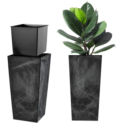 Afbeelding van KADAX Bloempot, bloempot van kunststof, plantenbak voor bloemen, binnen en buiten, tuin, balkon, terras, huis, weerbestendig, imitatie rotan (zwart beton, 57,5 cm hoogte)