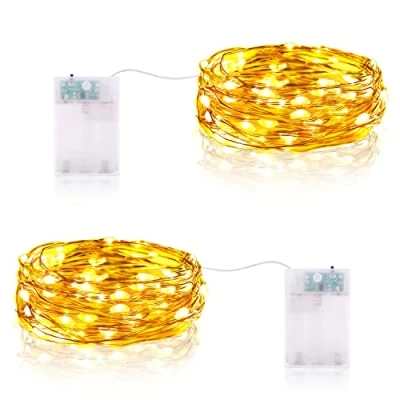 Afbeelding van Vacoulery Led lichtsnoer, werkt op batterijen, 2 m, 20 leds, mini lichtketting met timer voor binnen en buiten, decoratie, licht slaapkamer, Kerstmis, bruiloft, verjaardag, avond (2 stuks, warm
