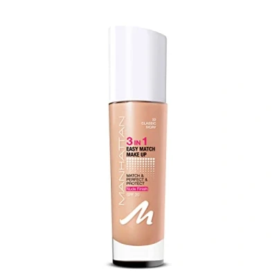 Afbeelding van Manhattan 3in1 Easy Match Make up, vloeibare foundation voor gebruinde huid met SPF 20, kleur 32 klassiek ivoor, 1 x 30 ml