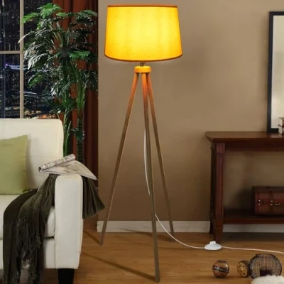 Afbeelding van CCLIFE Moderne led vloerlamp van hout draaibare stoffen lampenkap E27 Voor slaapkamer, eetkamer, hotel, hal, kleur: beige