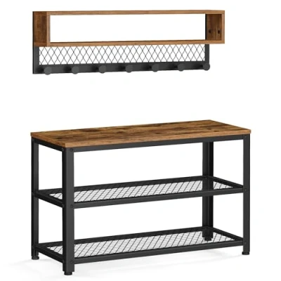 Afbeelding van VASAGLE Kapstok en schoenenbank, 2 planken, multifunctioneel, afgeronde haken voor kleding, industriële stijl, entree, hal, rustiek bruin LCR073K01