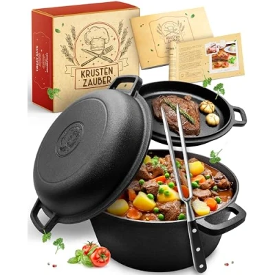 Afbeelding van Krustenzauber gietijzeren pot [incl. Vleesvork] Robuuste braadpan van 26 cm met deksel geschikt voor oven Ideaal als inductie, braadpanset, Kazan, pot, kookpot